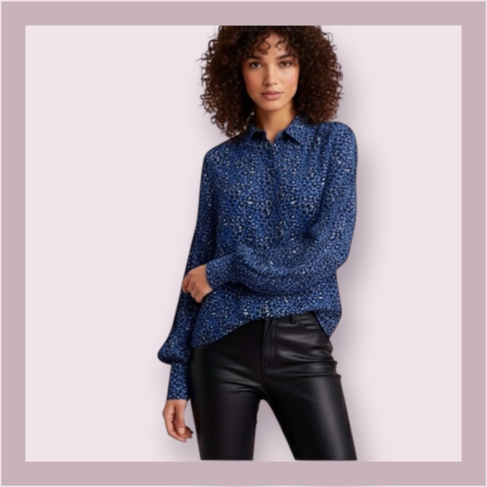 Zara Blue Animal Print Long Sleeve Boho Blouse Size M